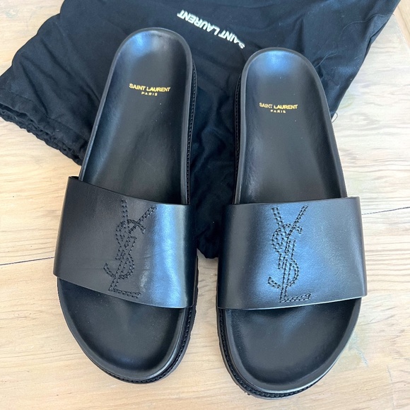 Mens Ysl Slip On Leather Slides 